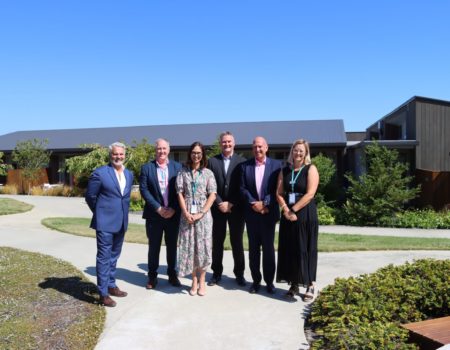 Nic Foster, NBS Community Engagement Manager; Tony Gray, Nelson Tasman Hospice Chief Executive; Dr Jodie Battley, Nelson Tasman Hospice Medical Director; Tony Cadigan, NBS Chief Executive; Paul Bell, NBS Chairman; Donna Ching-Tregidga, Nelson Tasman Hospice Head Of Supporter Engagement & Income Development Outside The Specialist Palliative Care Unit At Nelson Tasman Hospice