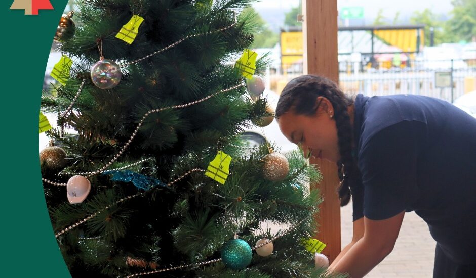 Nikita from Gibbons Naylor decorates their sponsored tree at the Nelson Airport Trees of Remembrance 2025